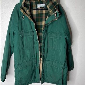 Vintage Canvas Barn Chore Coat Green Plaid FLannel Lined Sz large